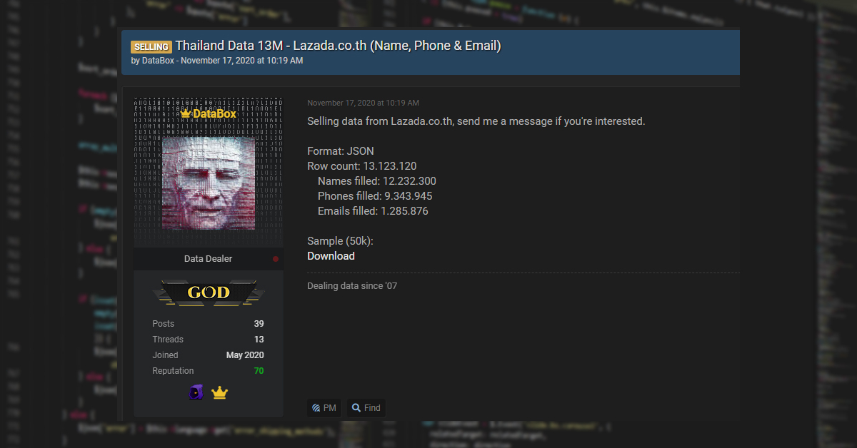 งานเข้า!! มีการค้นพบข้อมูลคนไทยถูกประกาศขายในเว็บใต้ดิน อ้างหลุดมาจากเว็บช้อปปิ้งชื่อดังกว่า 13 ล้านรายการ!