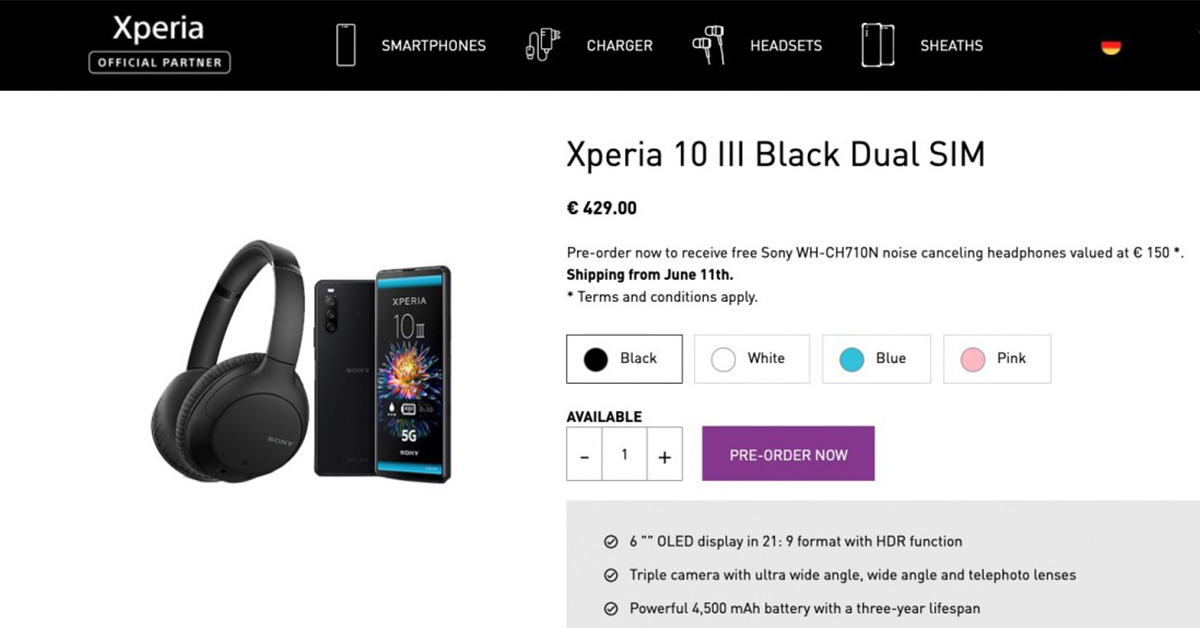 โปรน่าอิจฉา! Sony Xperia 10 III เปิดโปรสั่งจองล่วงหน้า แถมหูฟังไร้สายมีตัดเสียงรบกวน  WH-CH710N ในเยอรมัน