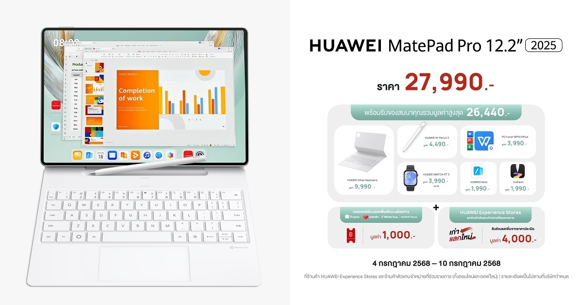 5 เหตุผลที่ไม่ควรพลาดการพรีออเดอร์ HUAWEI MatePad Pro 12.2” 2025 แท็บเล็ต 3-in-1 ระดับเรือธง พร้อมของสมนาคุณสุดพรีเมียมสำหรับมืออาชีพยุคใหม่